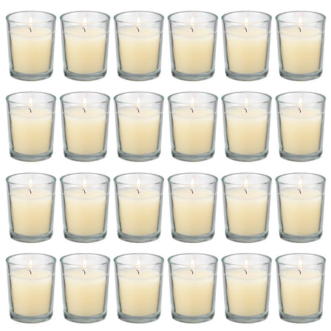 FlameCan 24-pack clear glass votive candles for elegant table décor and ambient lighting