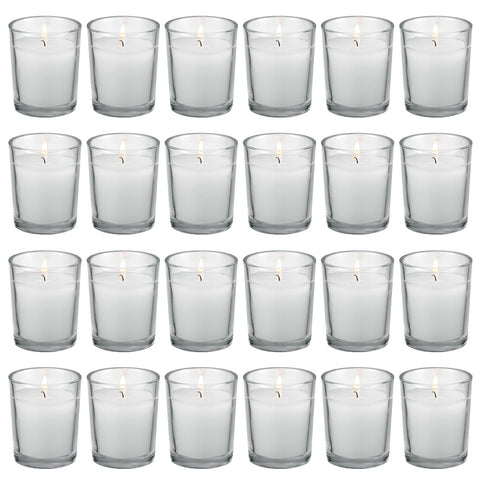 FlameCan clear glass votive candle on a table for elegant ambience