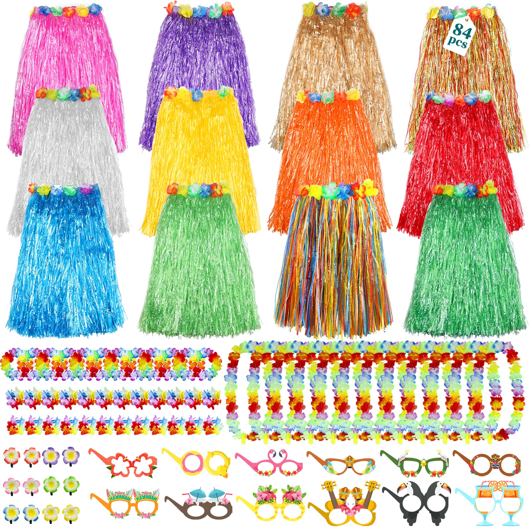Flareyer 84 Pcs Hawaiian Luau Set provides complete tropical decor for parties.