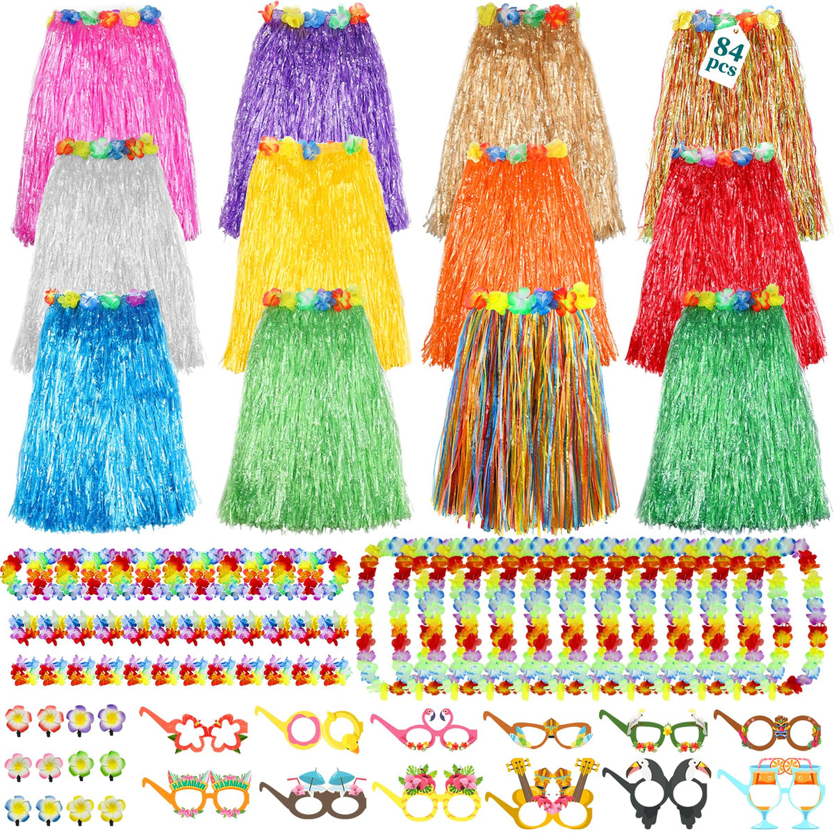 Flareyer 84 Pcs Hawaiian Luau Set provides complete tropical decor for parties.