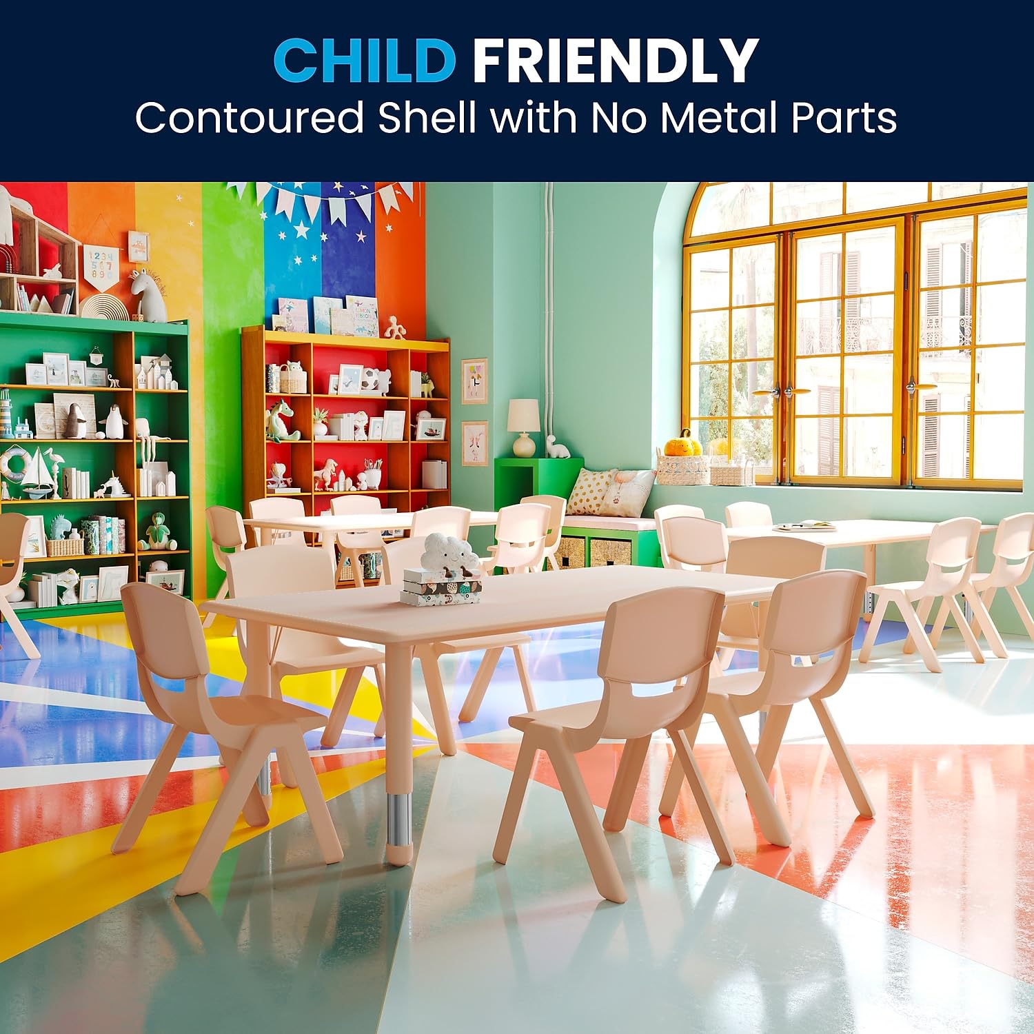 Flash Furniture Emmy chair back contour supports comfortable learning.