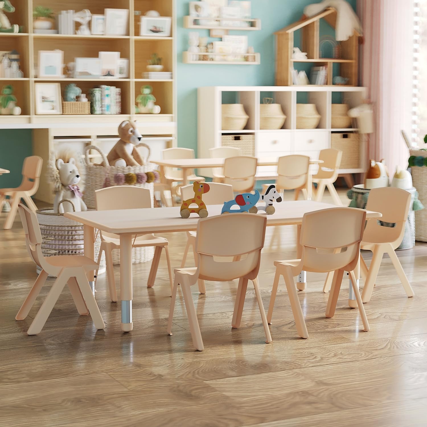 Flash Furniture Emmy table legs are adjustable for growing children and flexible seating.