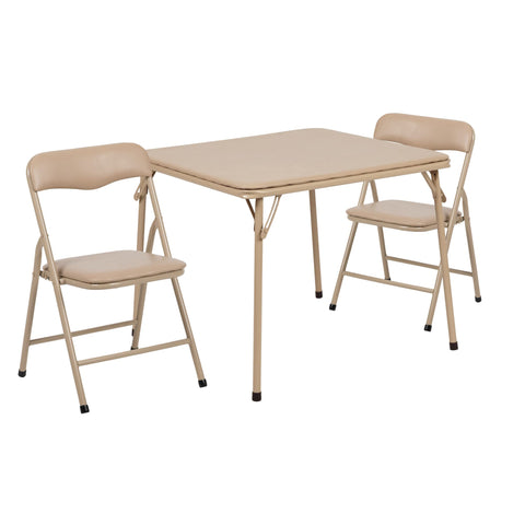 Flash Furniture Mindy Kids 3-Piece Folding Table and Chairs set ready for classroom use, ideal for quick setup.