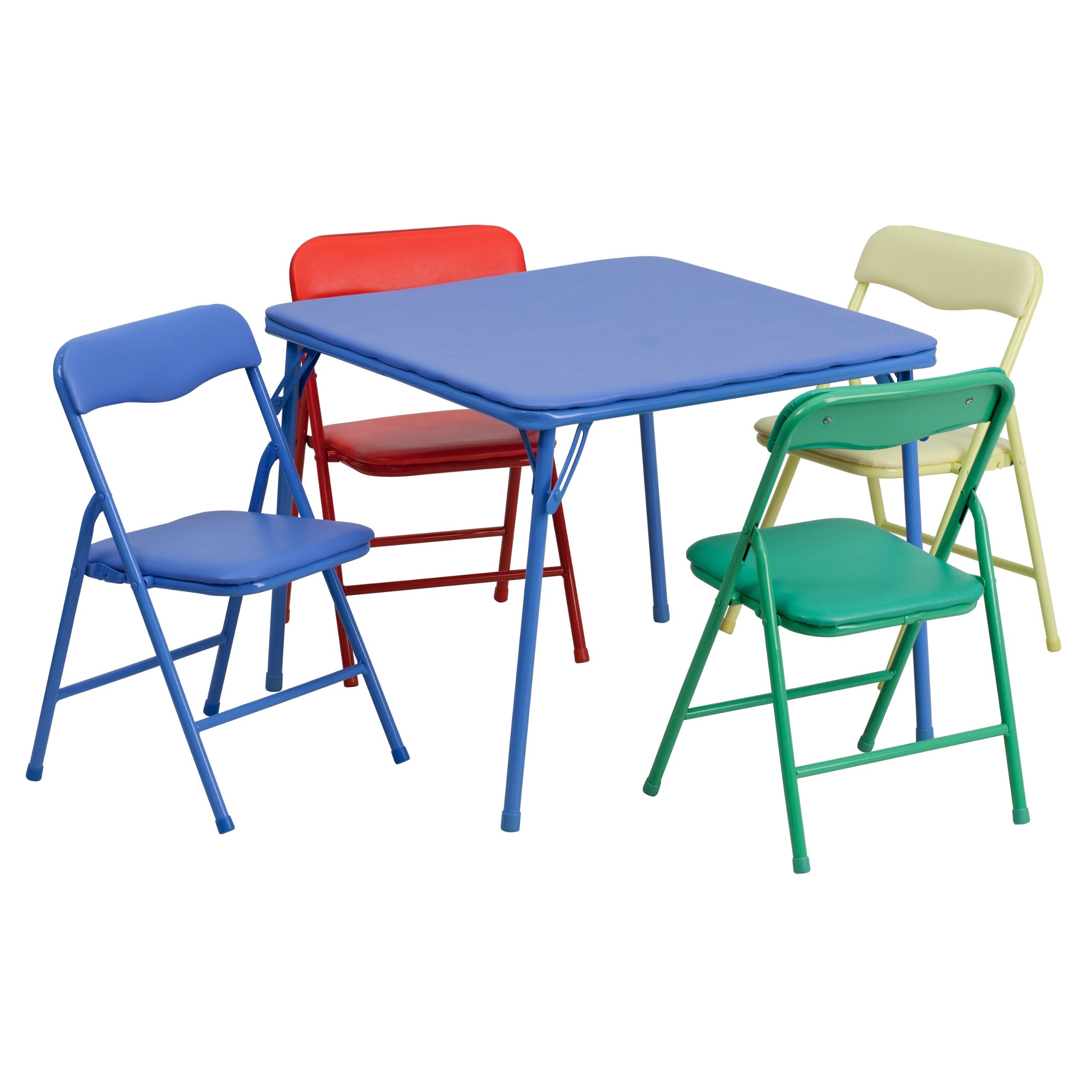 Flash Furniture Mindy folding chairs with multicolor seats, space-saving classroom seating.