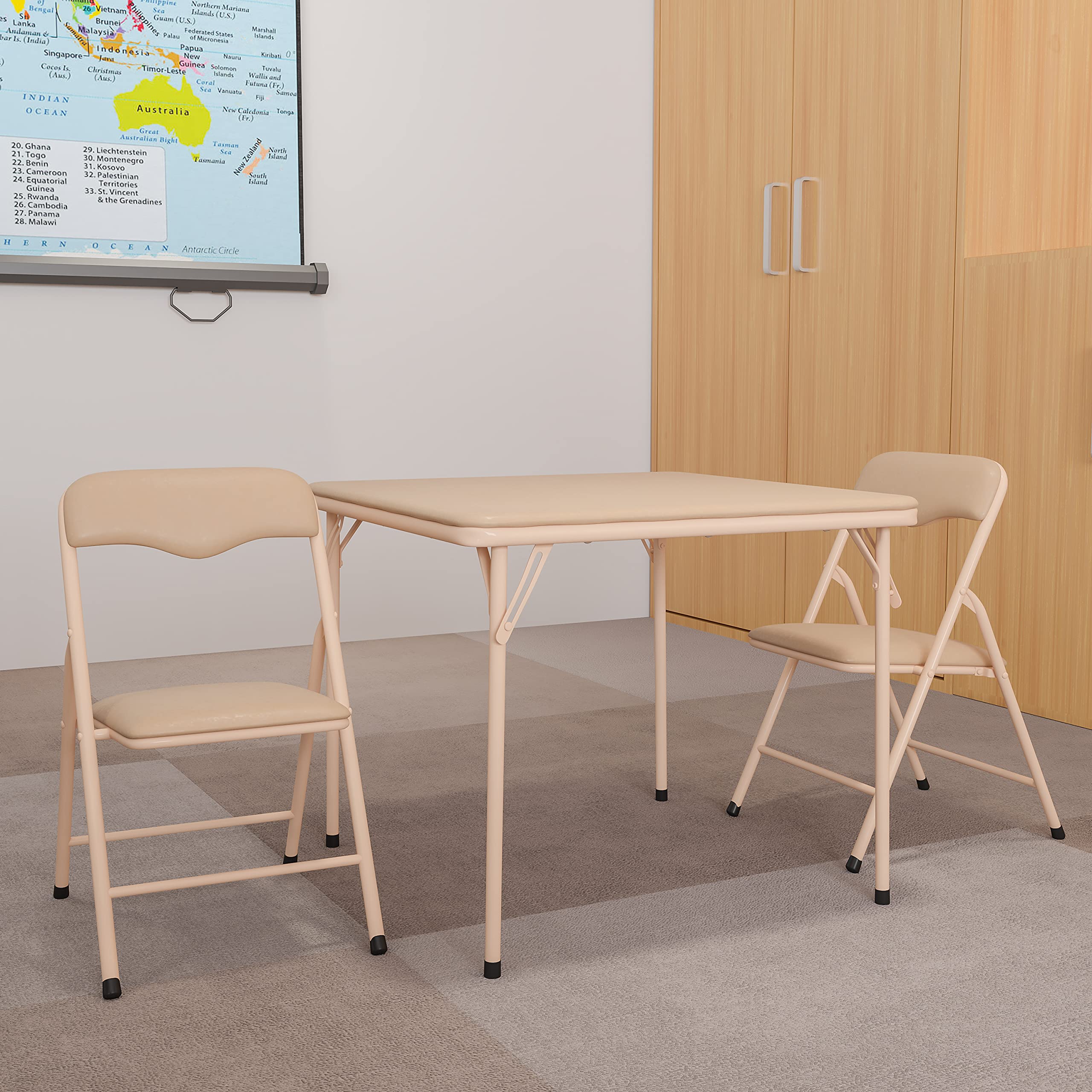 Mindy Kids folding table shown with compact storage for small spaces.