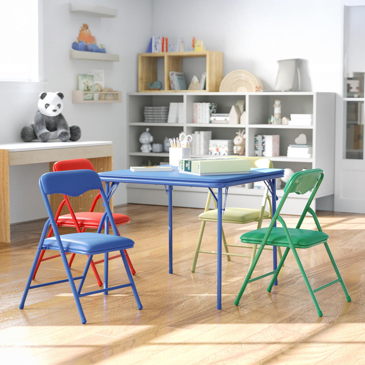 Flash Furniture Mindy kids table folding-square in classroom setup, easy storage.