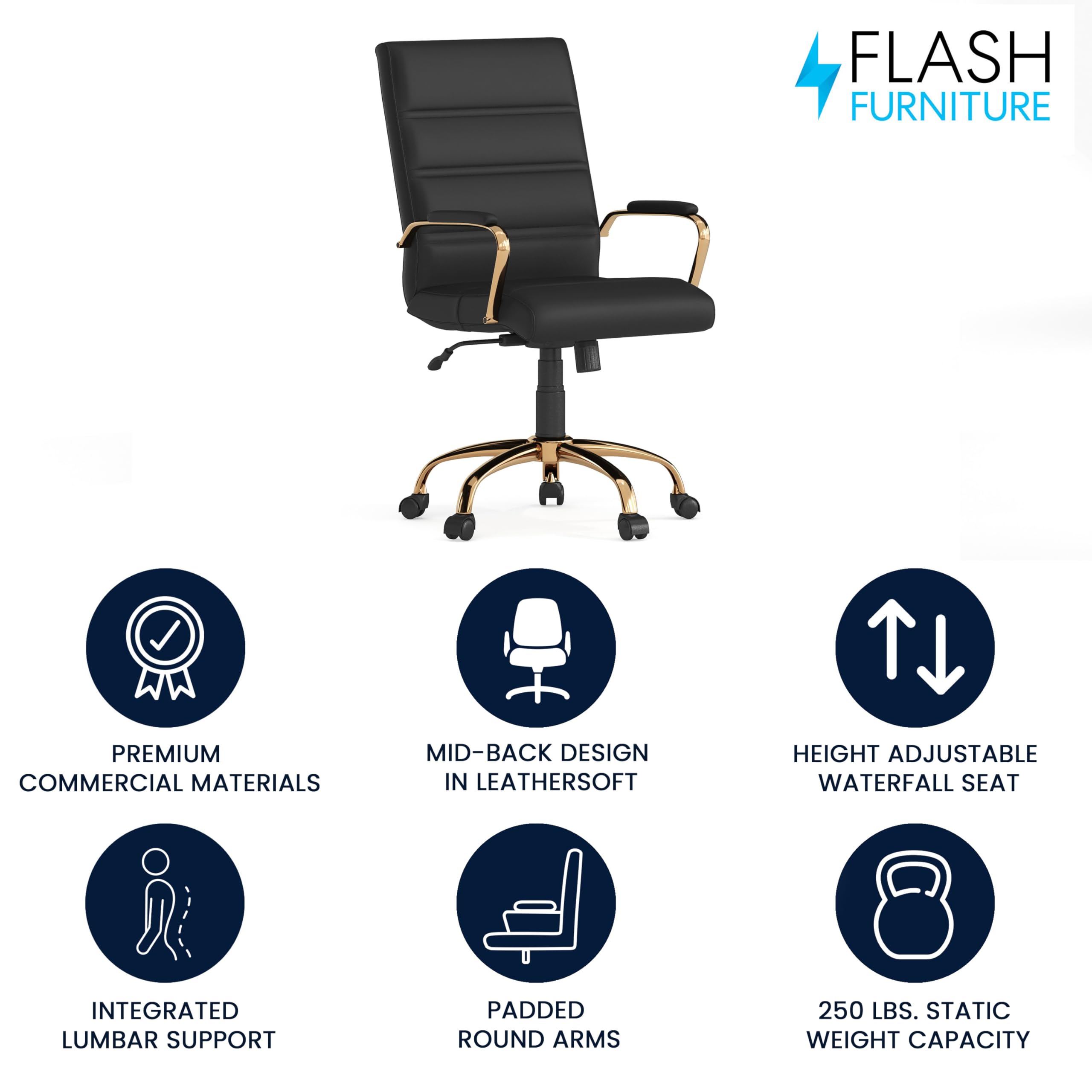 Flash Furniture Whitney chair side view showing metal base and stitching.