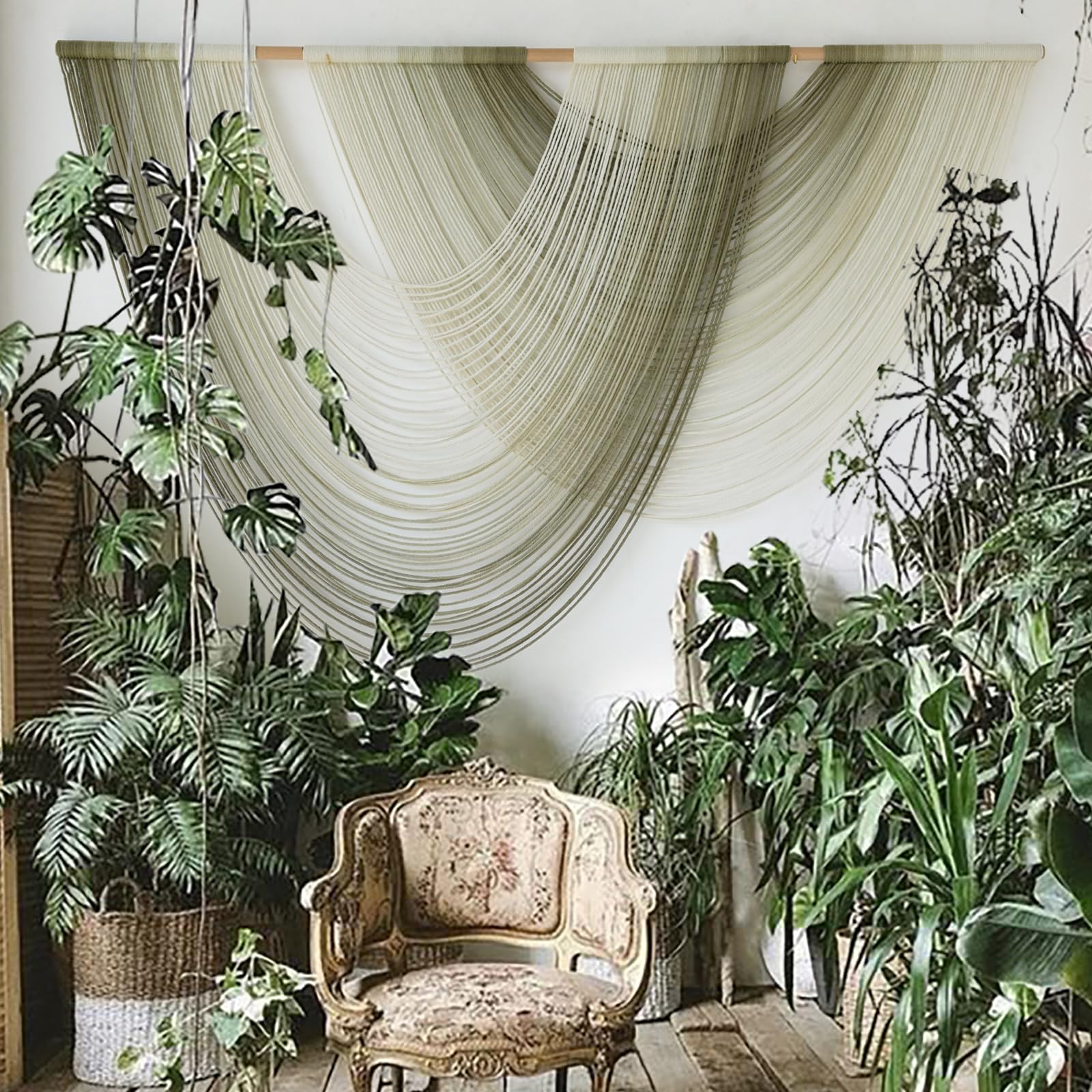 Flber macrame wall hanging with ombre moss green dip dye, a calming living room focal point.
