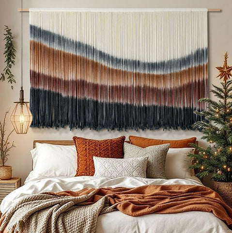 Flber macrame wall hanging shows textured knots for artisanal craft in hallway.