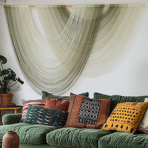Flber moss green ombre wall art enhances neutral tones with natural texture.