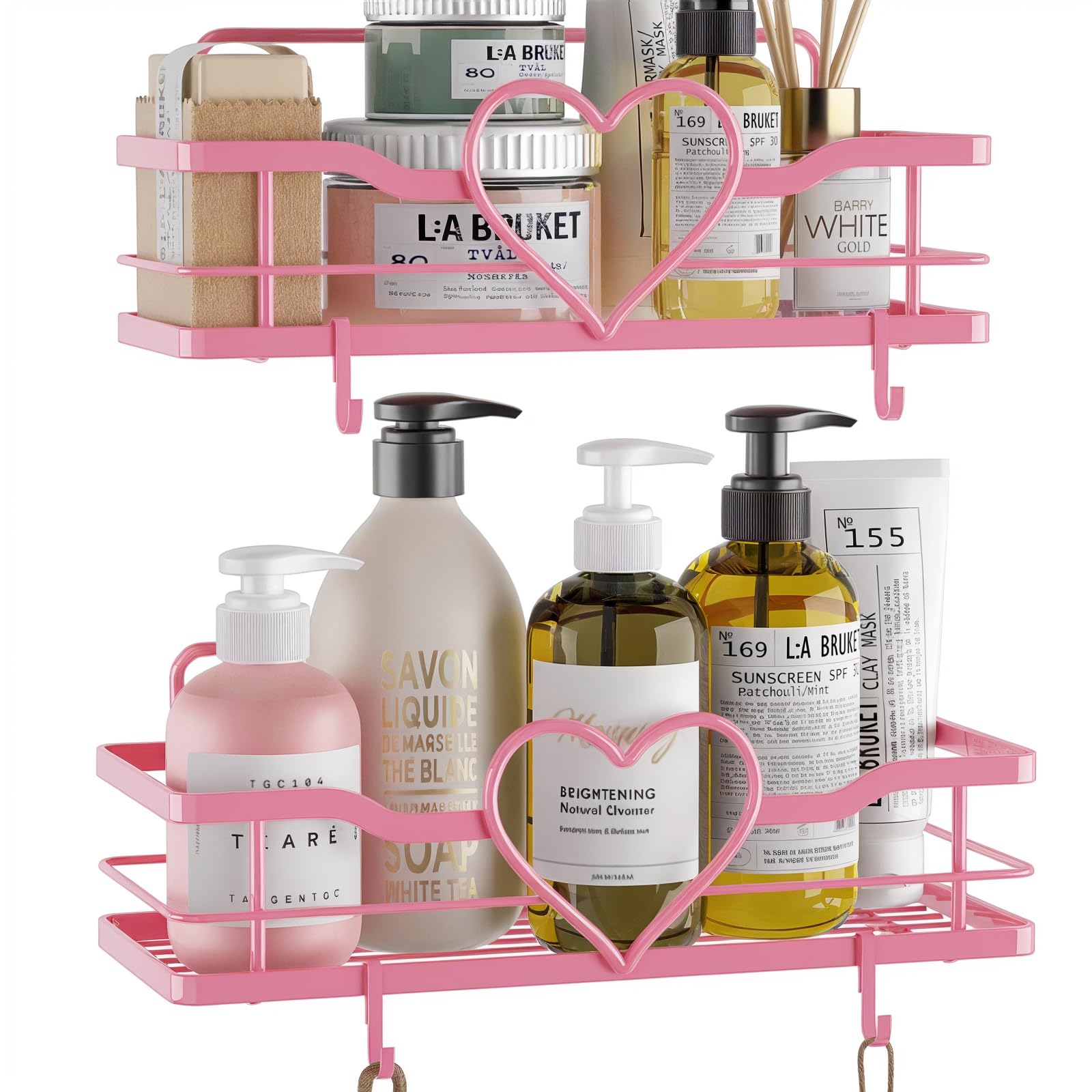 FLCITY pink shower caddy with four removable hooks for organized bathroom storage