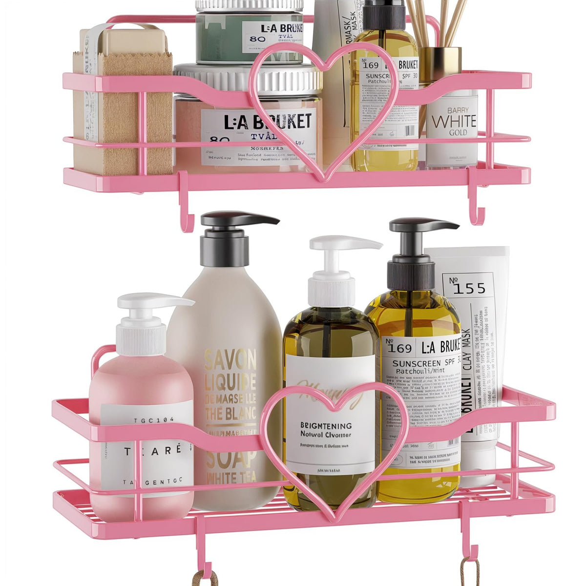 FLCITY pink shower caddy with four removable hooks for organized bathroom storage