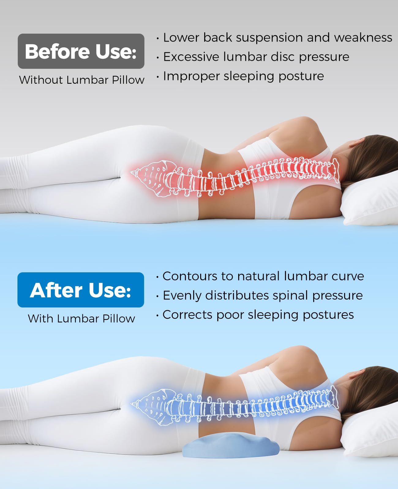 Fledano lumbar pillow can be used under knees for extra comfort.