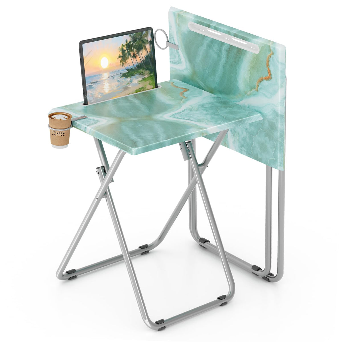 Fleecy Day sea blue marble tray set angled view shows portable, space-saving design for living rooms.