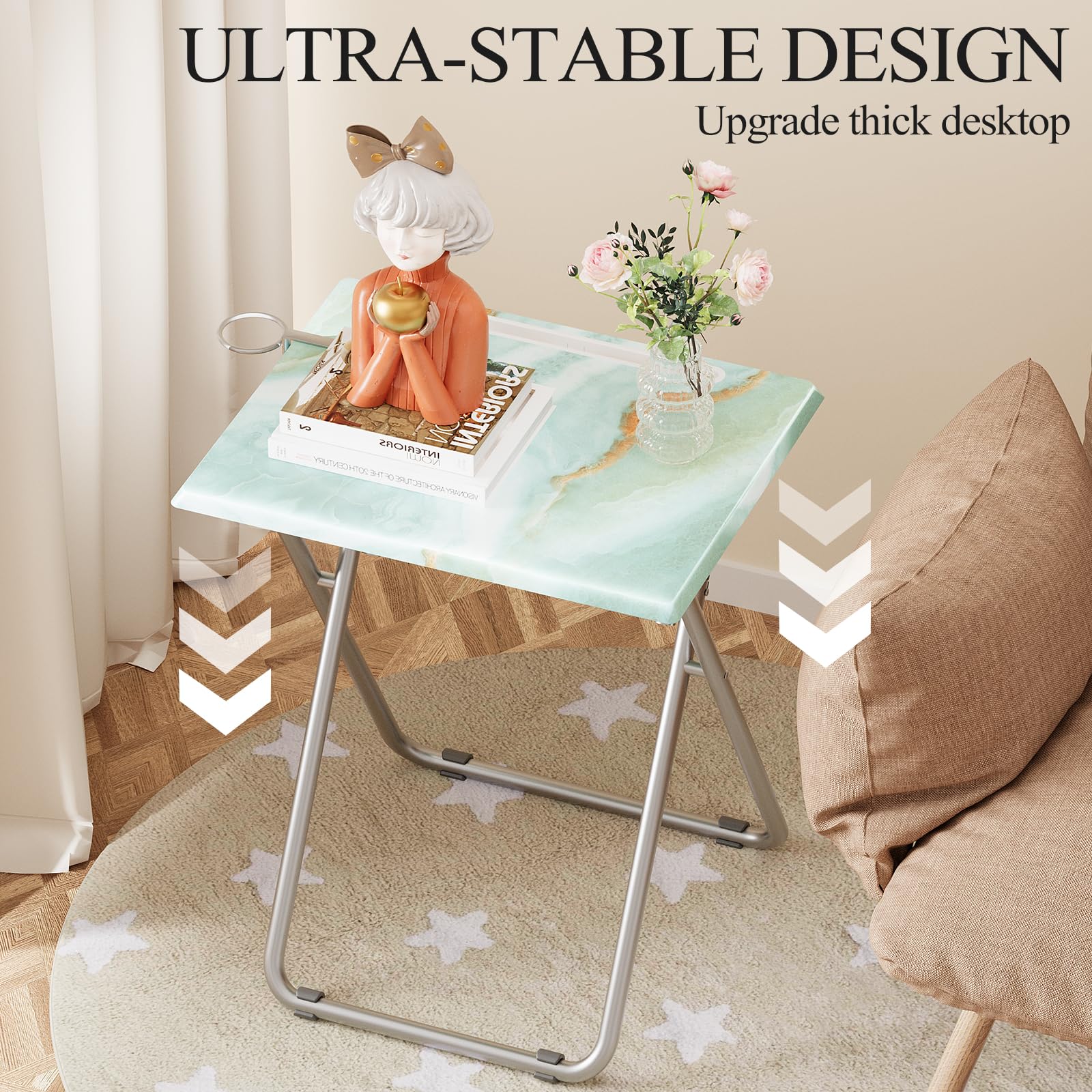 Fleecy Day sea blue marble tray set folded state demonstrates easy storage beside sofas.