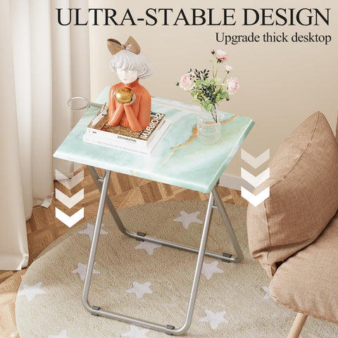 Fleecy Day sea blue marble tray set folded state demonstrates easy storage beside sofas.
