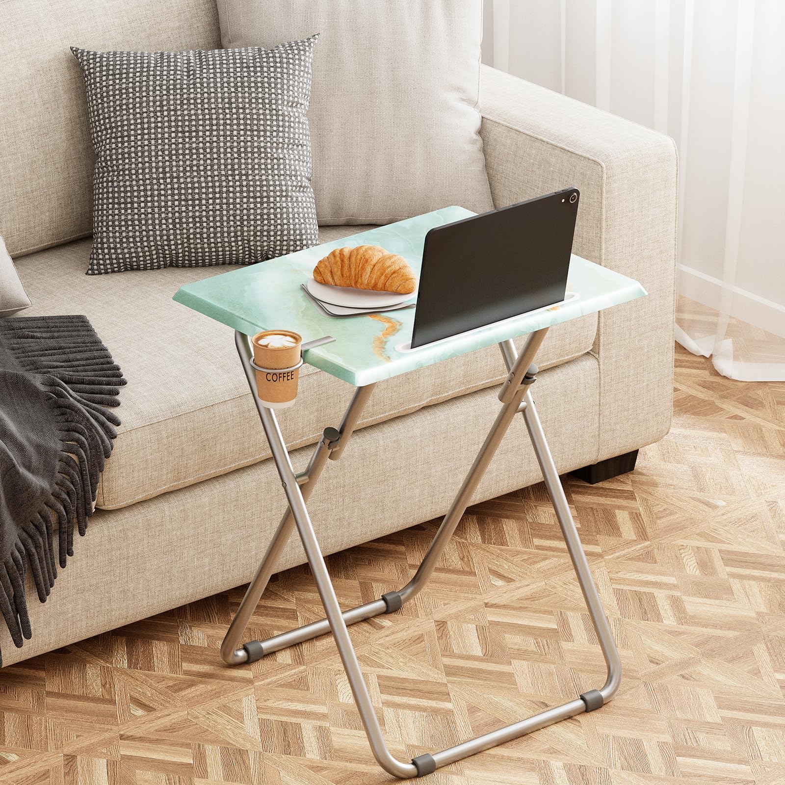 Fleecy Day sea blue marble tray wipe-clean surface enables quick cleanup after meals.