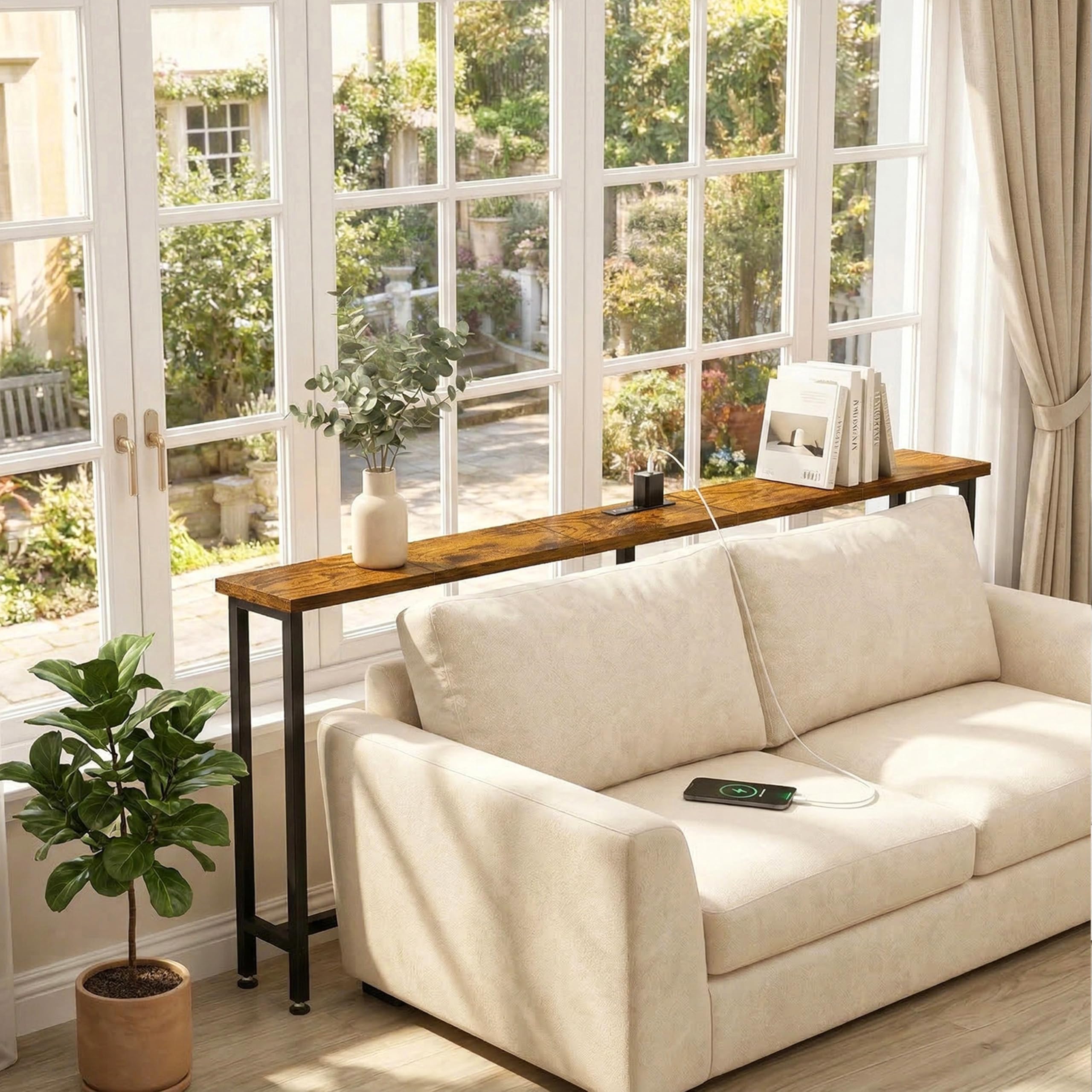 Flevra console table with 2 AC outlets and 2 USB ports for organized charging.