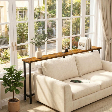 Flevra console table with 2 AC outlets and 2 USB ports for organized charging.