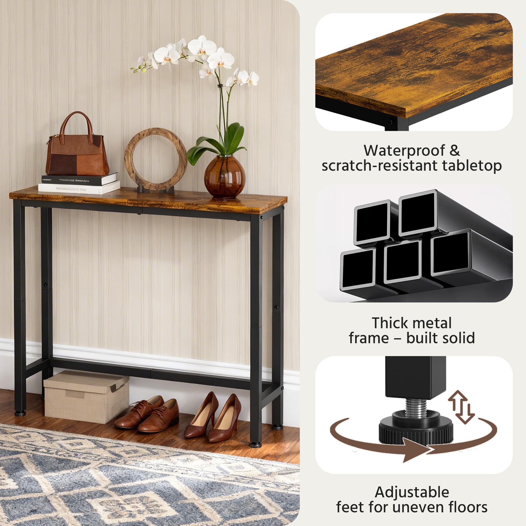 Flevra narrow console table metal frame emphasizes durability