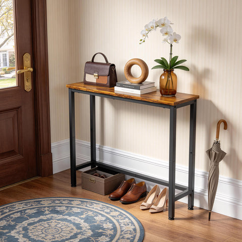 Flevra narrow console table side view showing slim profile