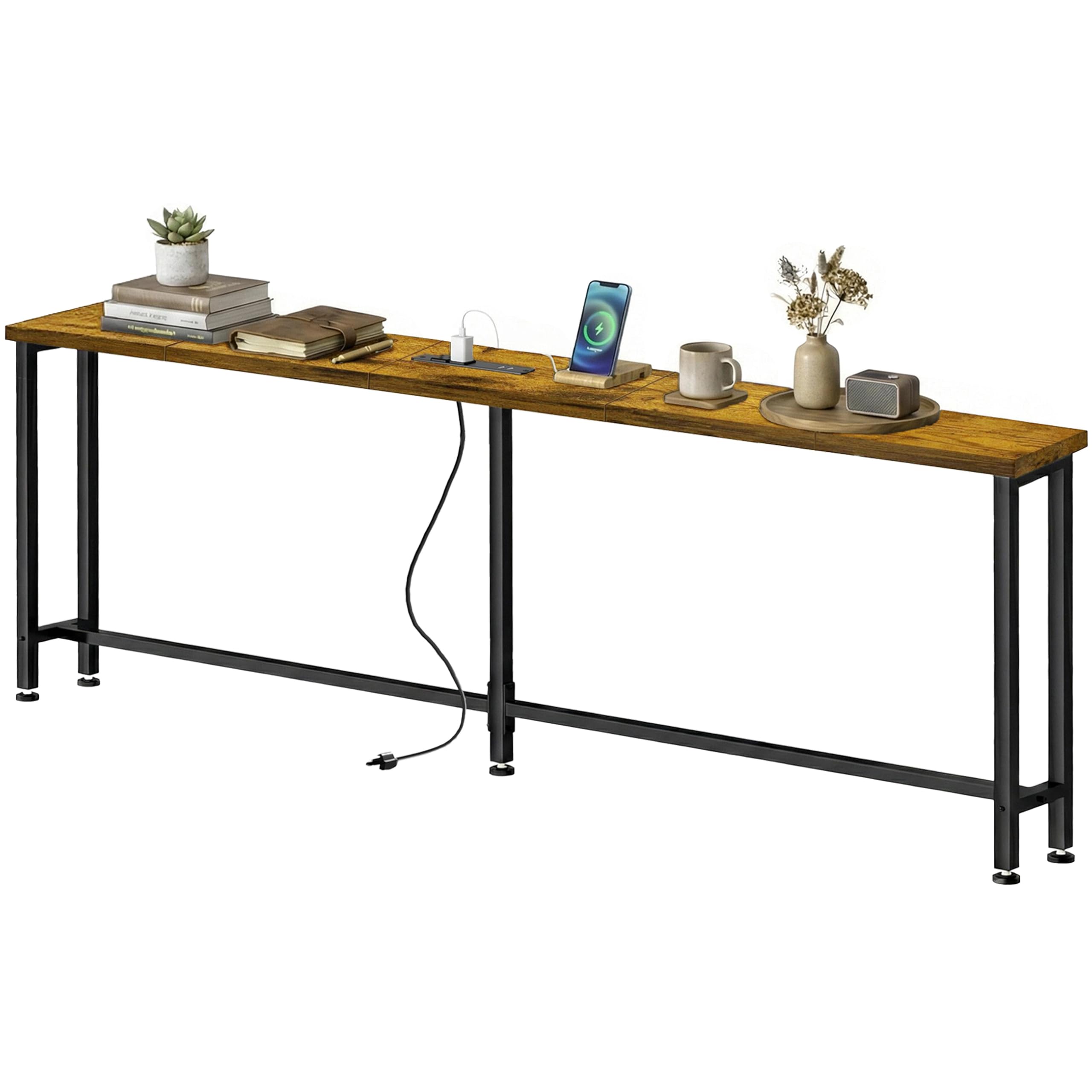 Flevra narrow sofa table with outlet keeps chargers within reach while saving space.