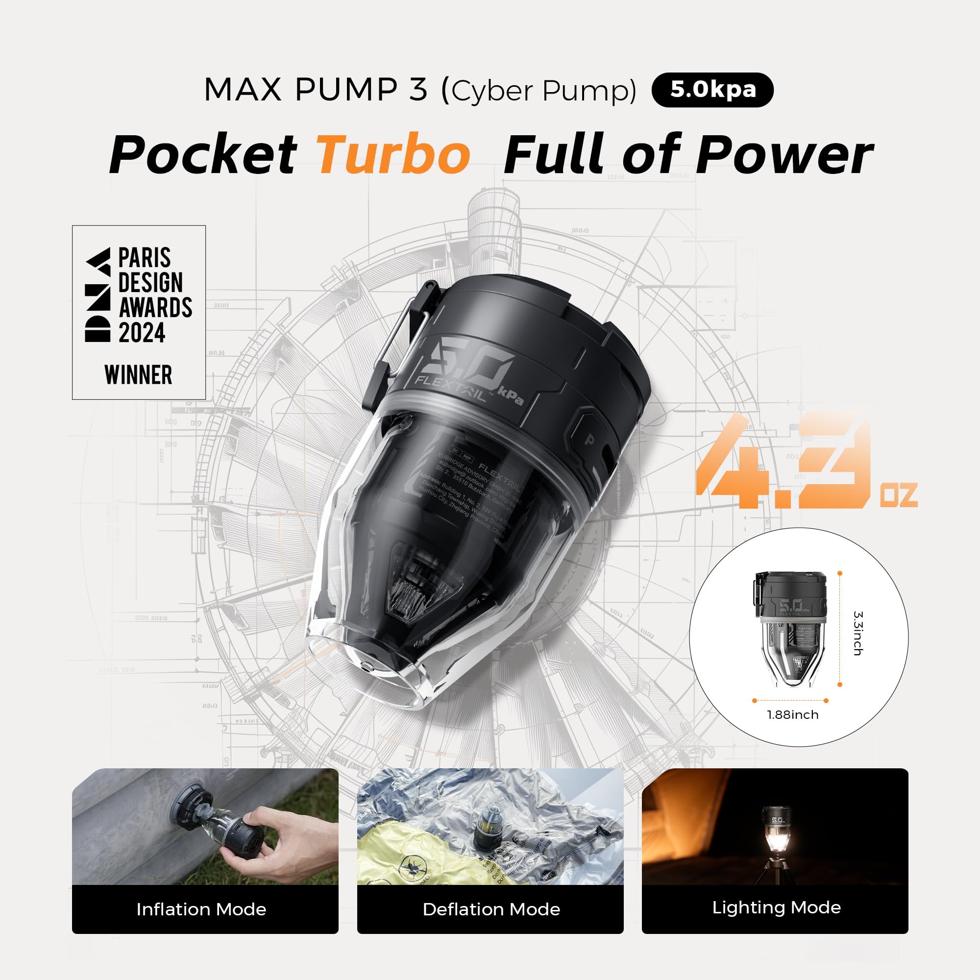 FLEXTAILGEAR air pump delivers 5kPa pressure for fast setup.