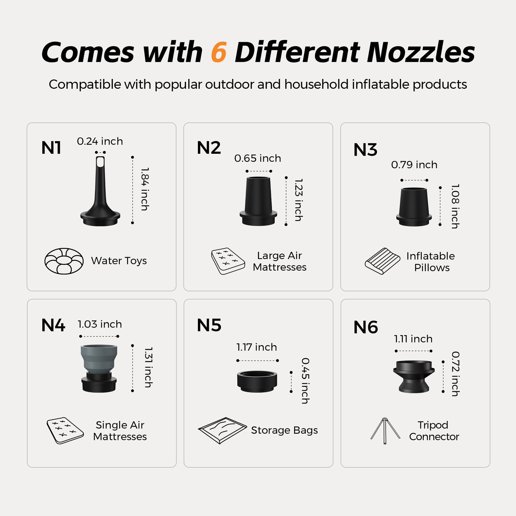 FLEXTAILGEAR air pump comes with six nozzles for diverse inflatables.