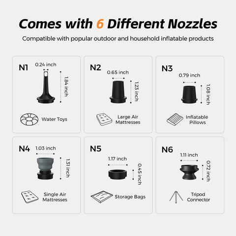 FLEXTAILGEAR air pump comes with six nozzles for diverse inflatables.