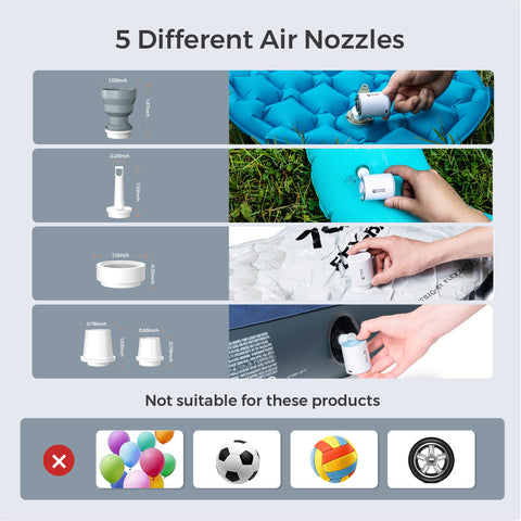 FLEXTAILGEAR Tiny Pump includes 5 nozzles for various inflatables.