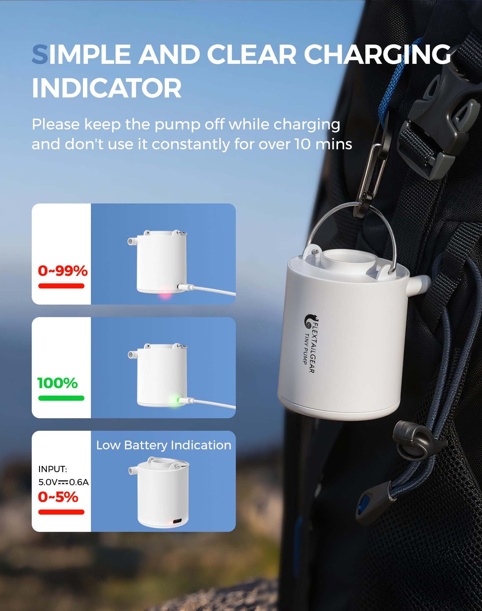 FLEXTAILGEAR Tiny Pump USB-C charging indicator shows status