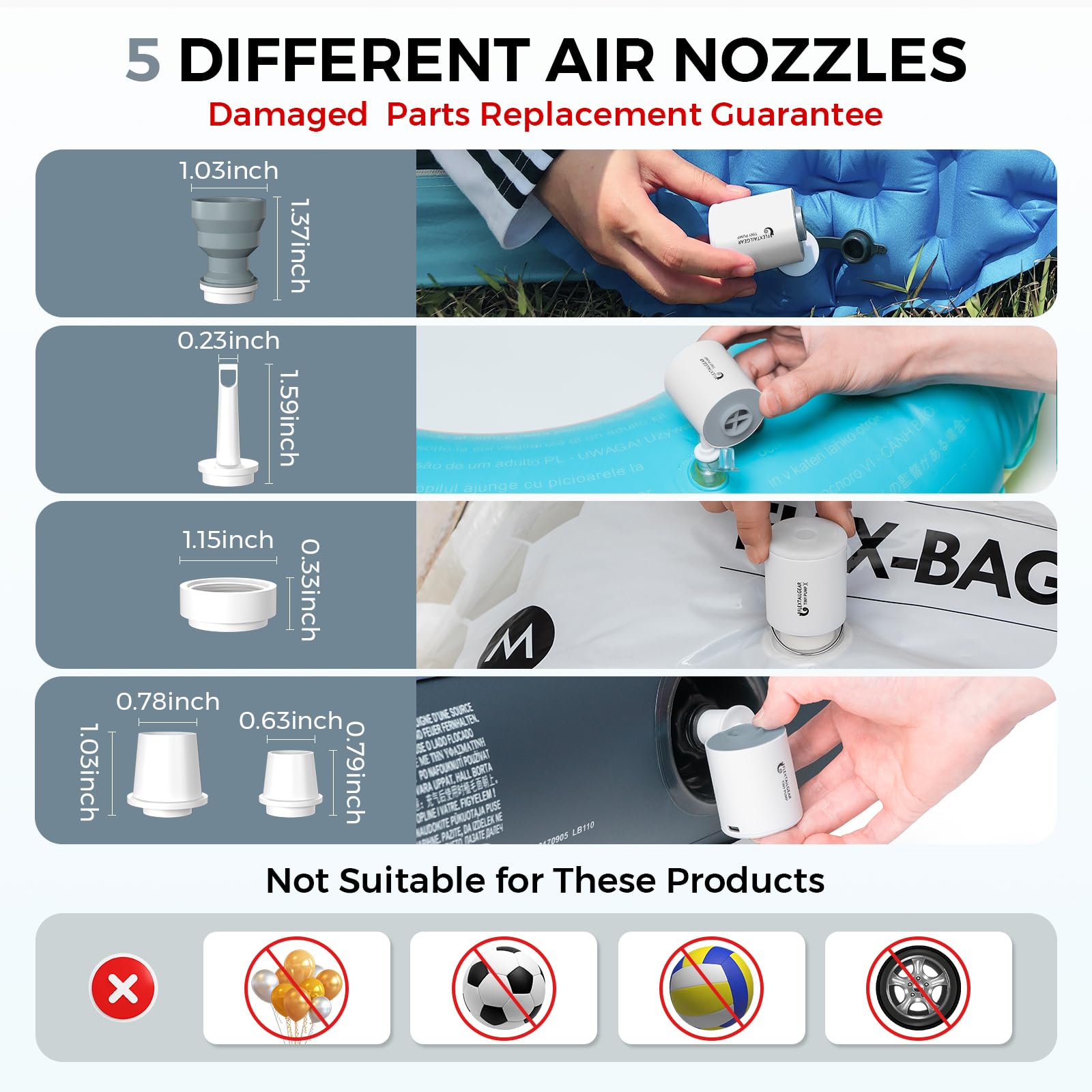 Flextailgear Tiny Pump nozzle set enables versatile inflation.
