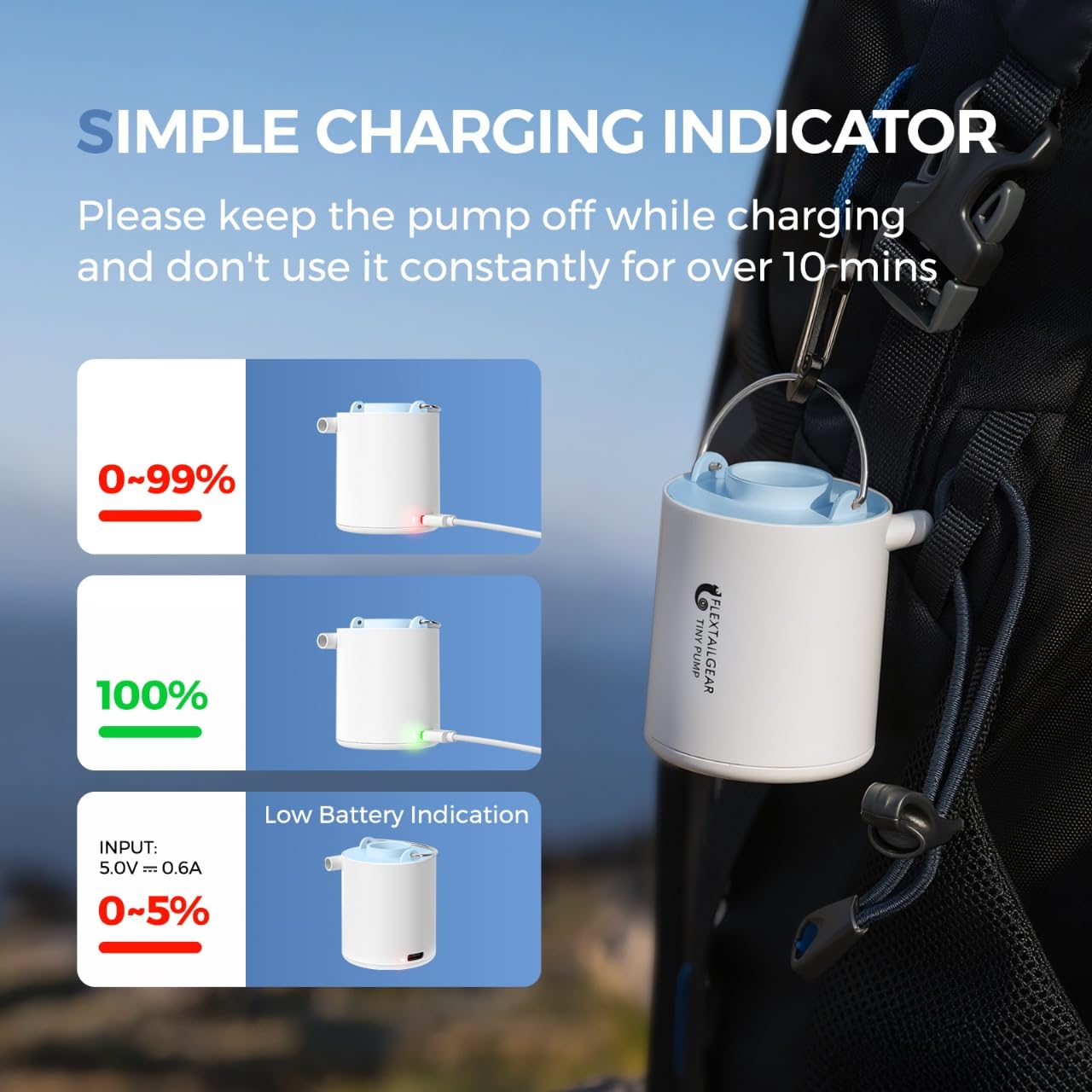 FLEXTAILGEAR USB-C charging supports power bank, laptop, car charger, or wall adapter.