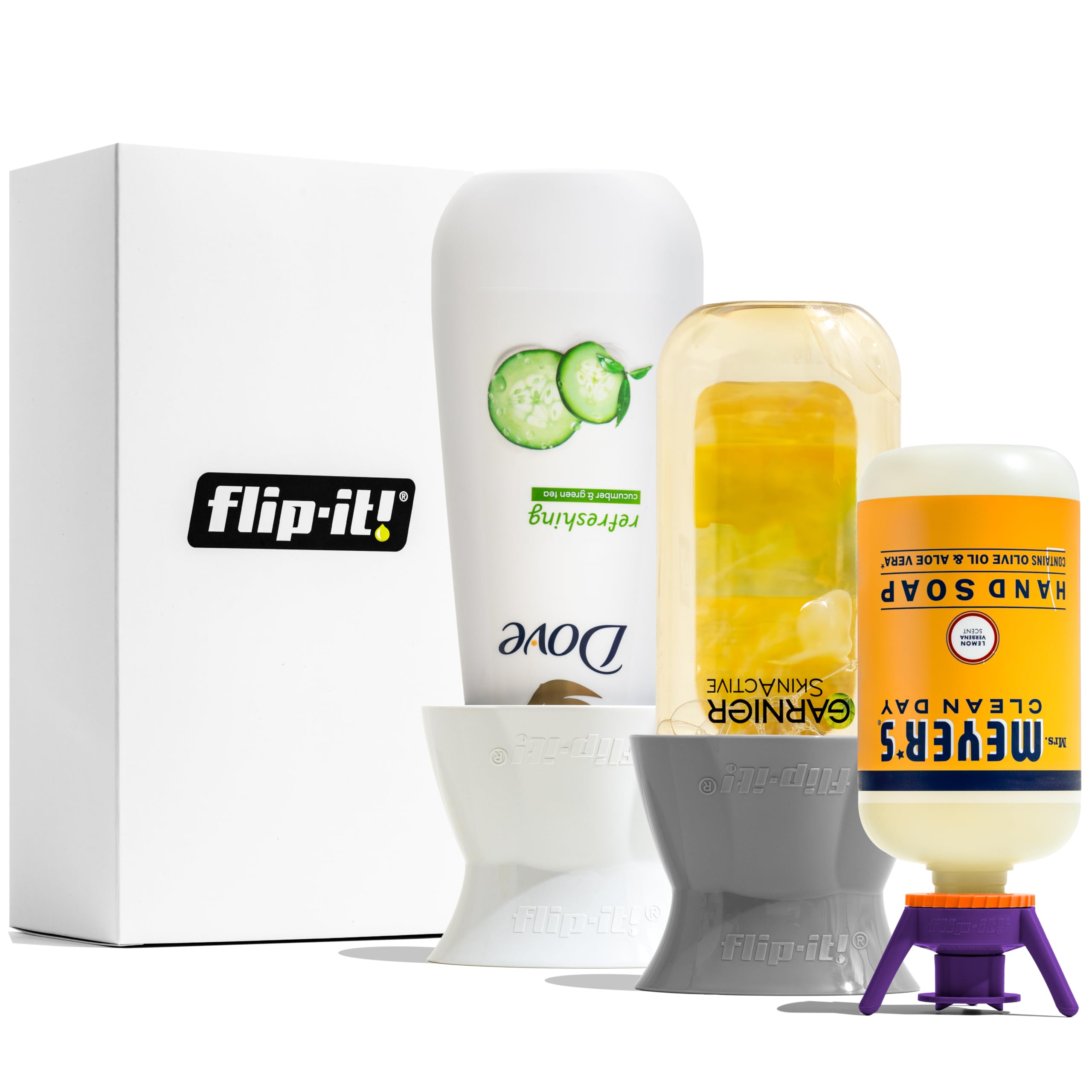 Flip-It universal bottle emptying kit base caps aid complete product outflow and waste reduction