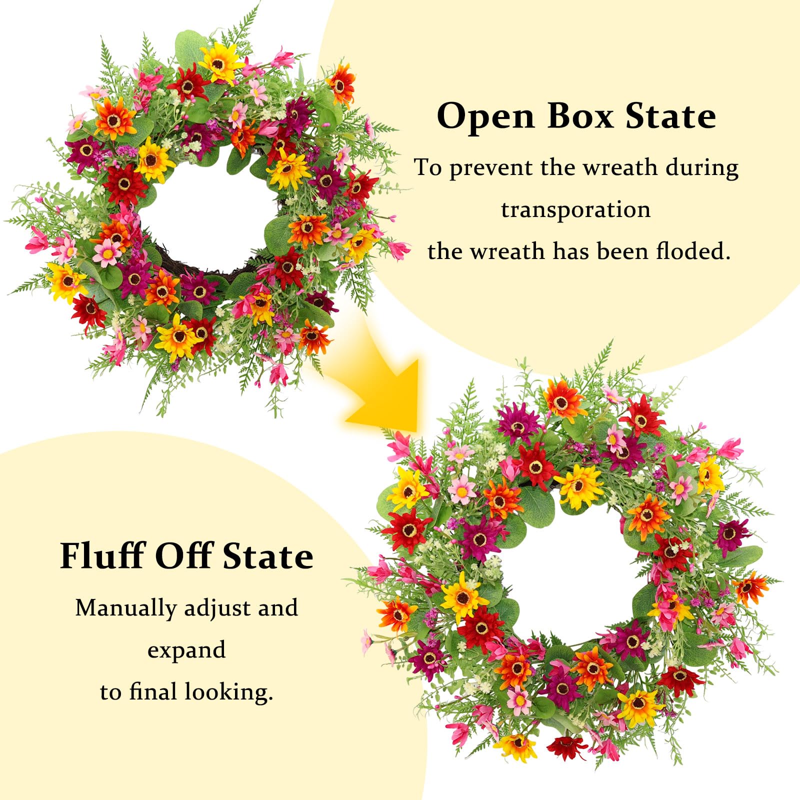 FLOAWYW Daisy wreath easy wipe-clean care and maintenance.