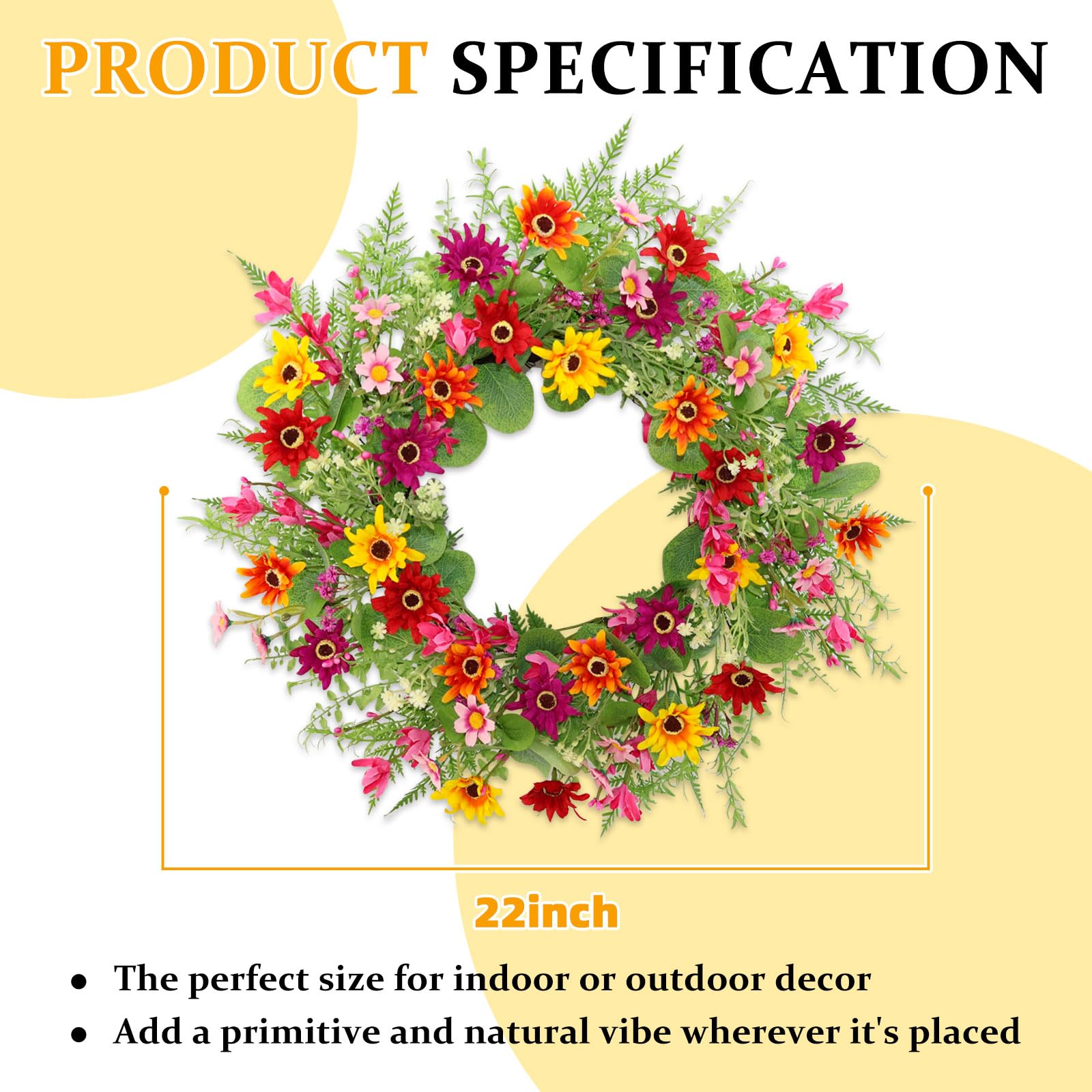 FLOAWYW Daisy wreath with wildflowers and eucalyptus for outdoor display.
