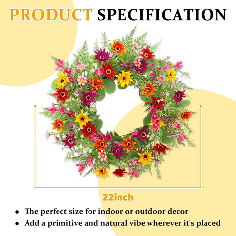 FLOAWYW Daisy wreath with wildflowers and eucalyptus for outdoor display.