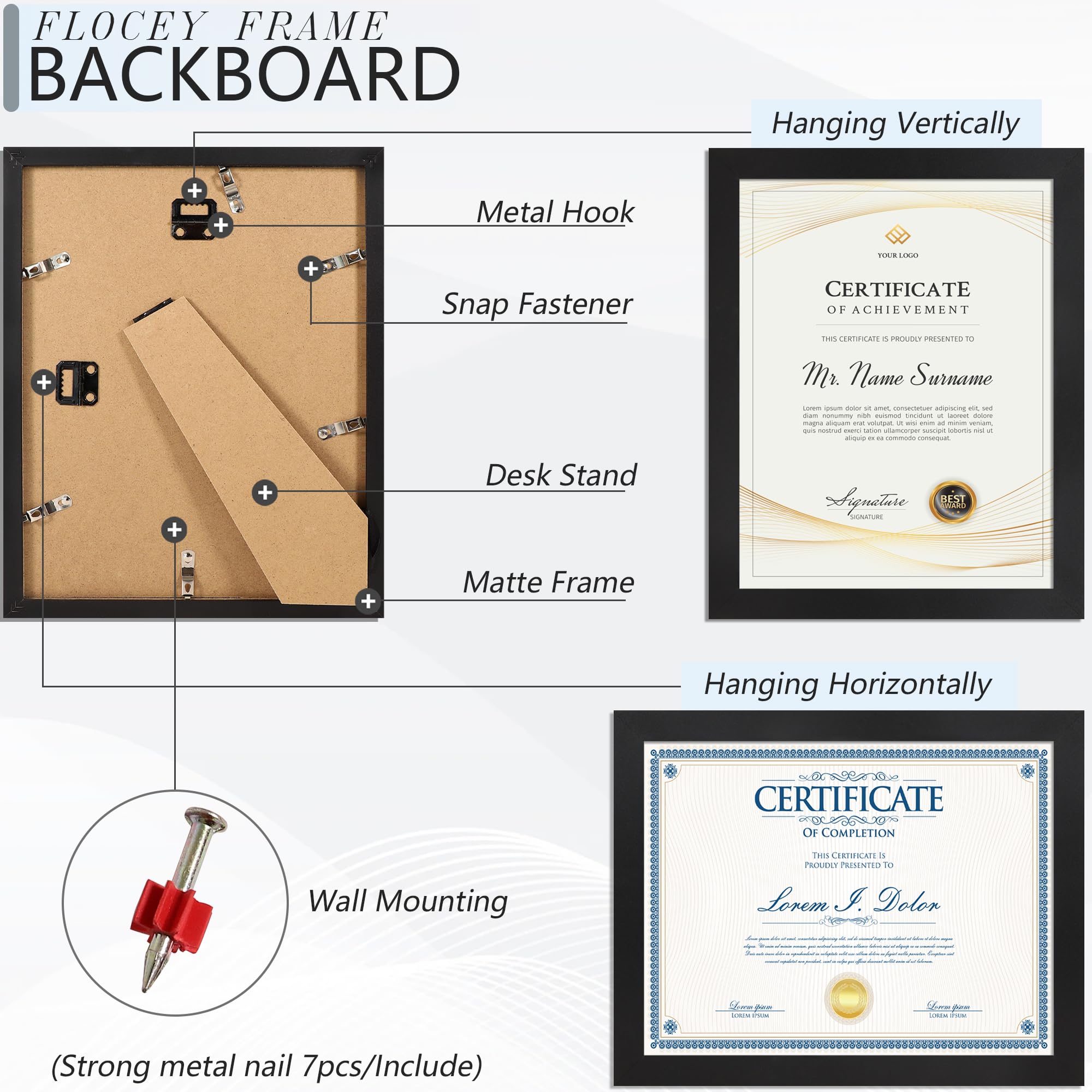 Flocey engineering wood frame with clear plexiglass protects photos