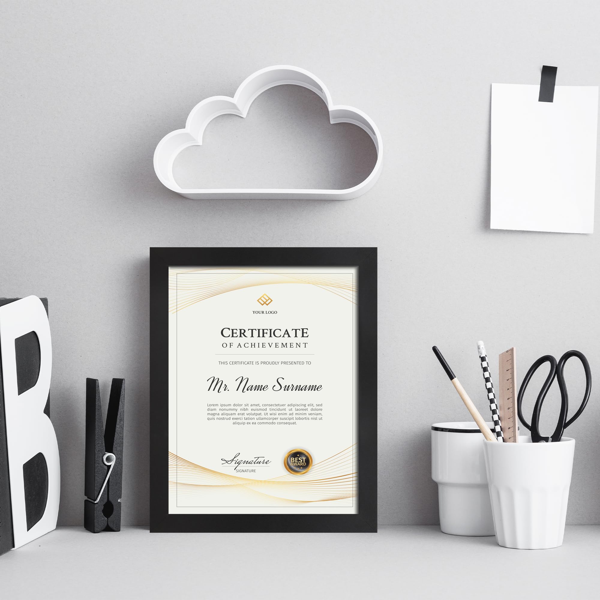 Flocey tabletop frame with kickstand for horizontal display of photos and diplomas