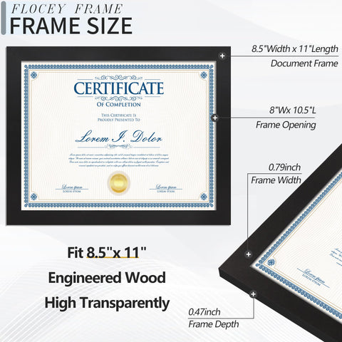Flocey 8.5x11 wall-hanging frame showing vertical orientation for certificates