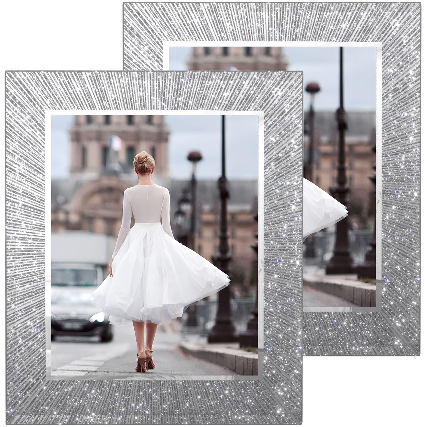 Flocey sparkly glitter 8x10 frame catches light to highlight photos