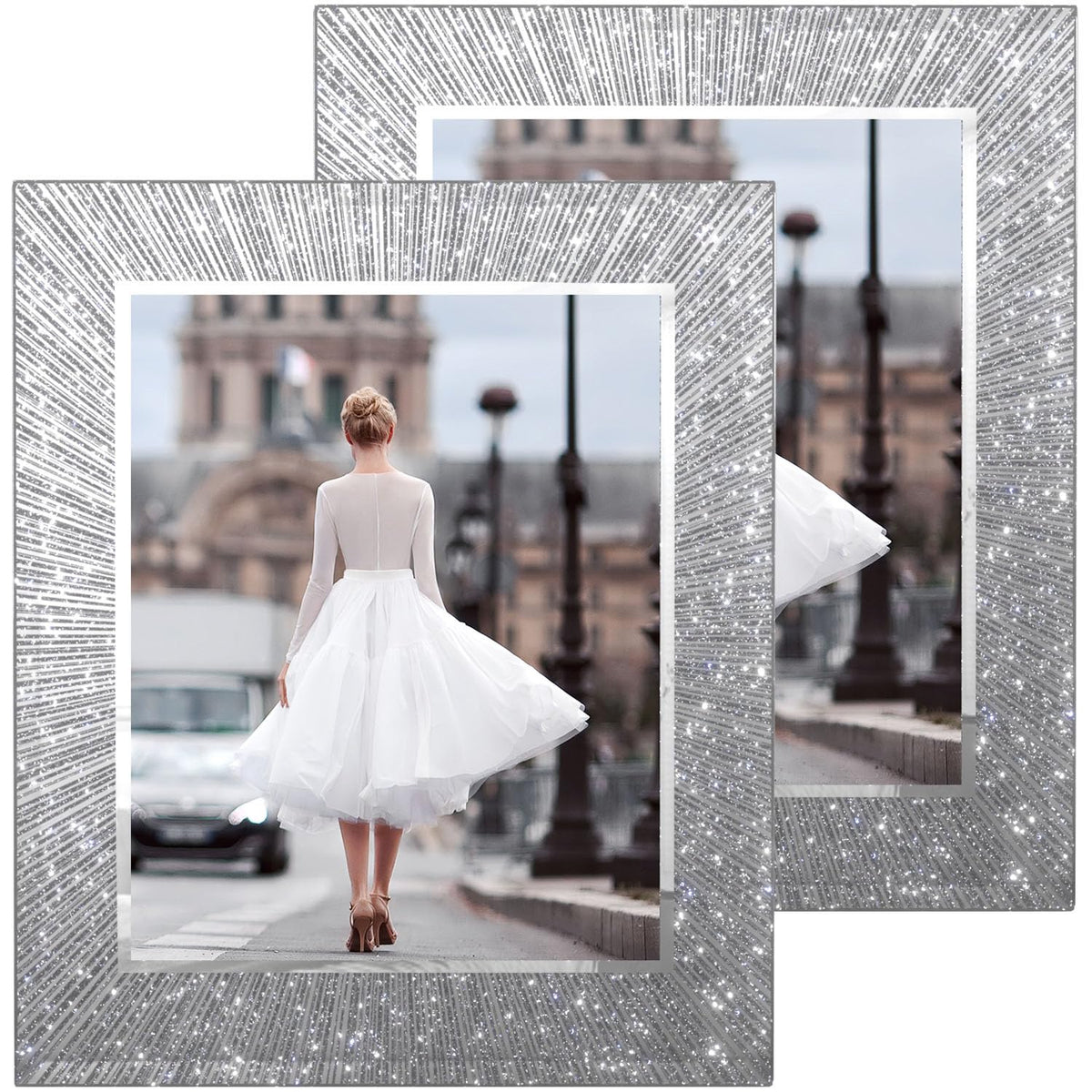 Flocey sparkly glitter 8x10 frame catches light to highlight photos