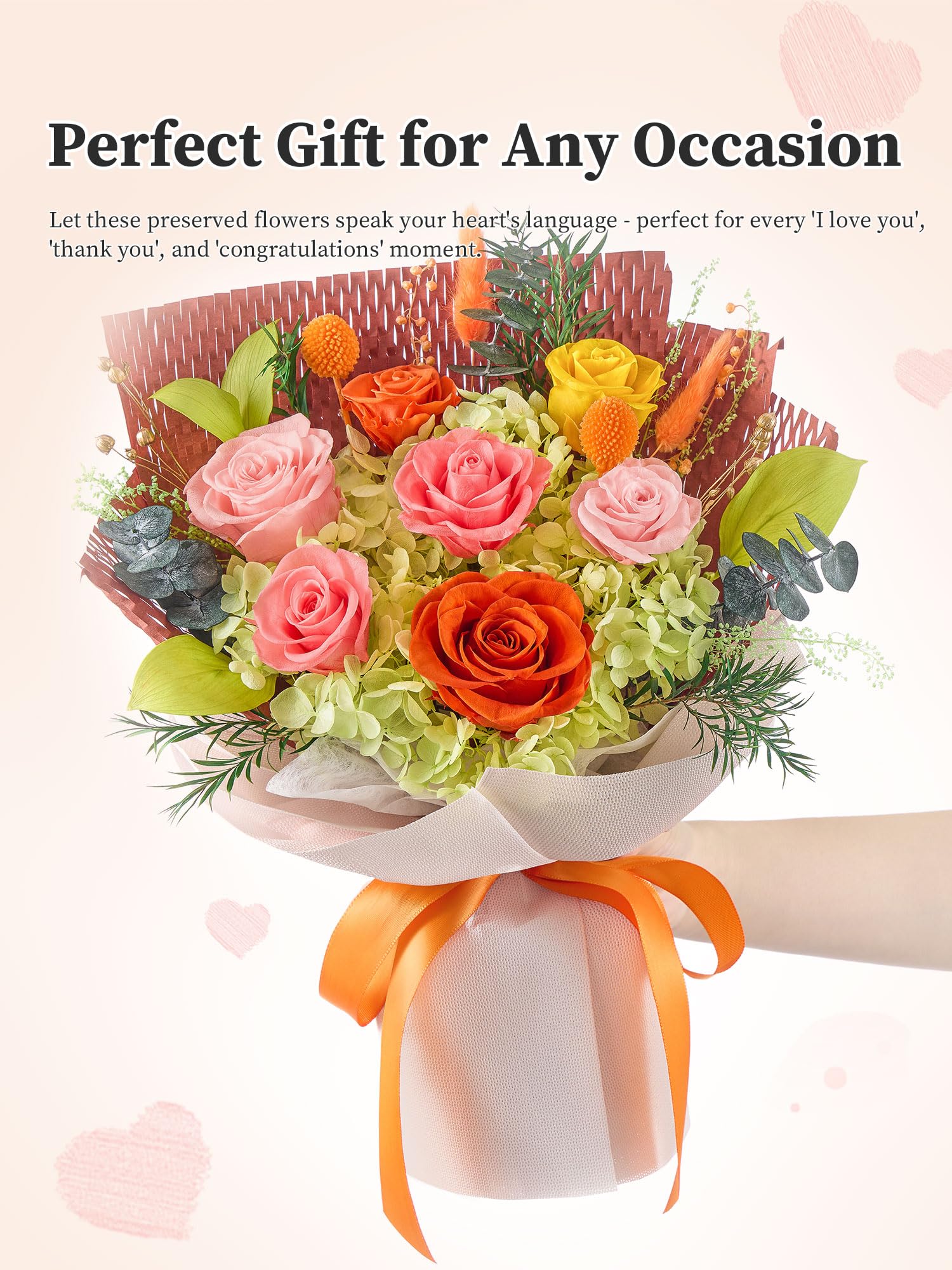 Flomoon orange roses handmade bouquet with delicate accents.