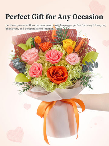 Flomoon orange roses handmade bouquet with delicate accents.