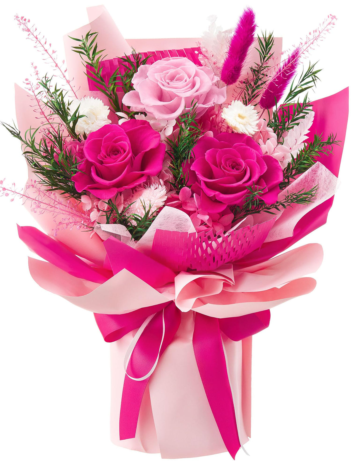 Flomoon preserved flowers bouquet in hot pink, a long-lasting centerpiece for home decor.