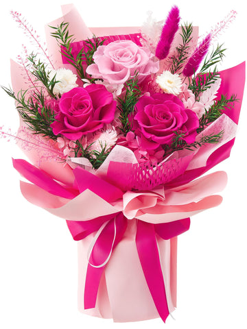 Flomoon preserved flowers bouquet in hot pink, a long-lasting centerpiece for home decor.