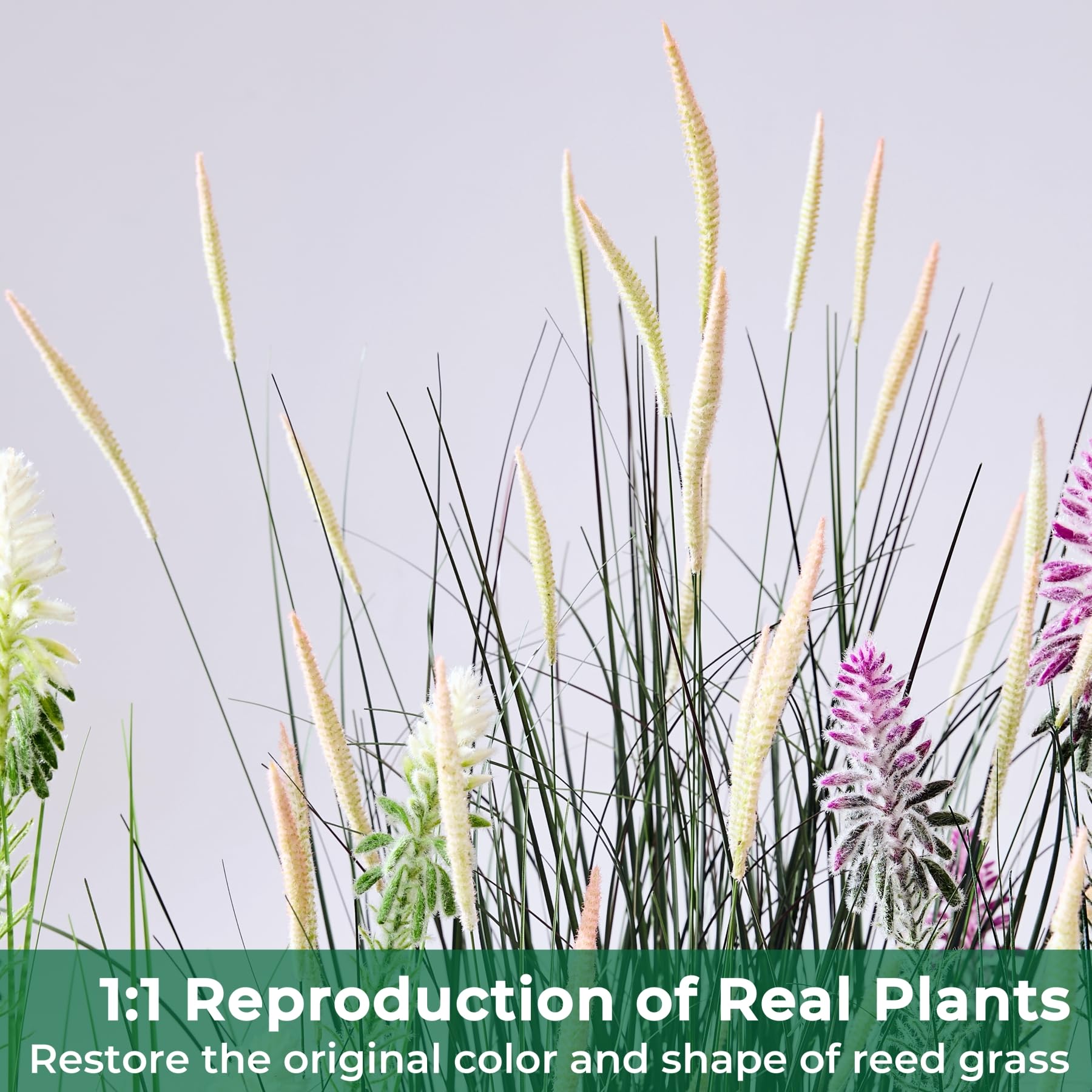 FloraFairy faux horsetail grass with multi-tone leaves and pink spikes.