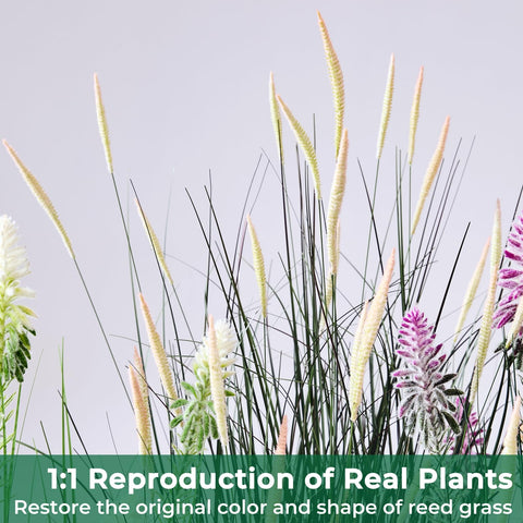 FloraFairy faux horsetail grass with multi-tone leaves and pink spikes.