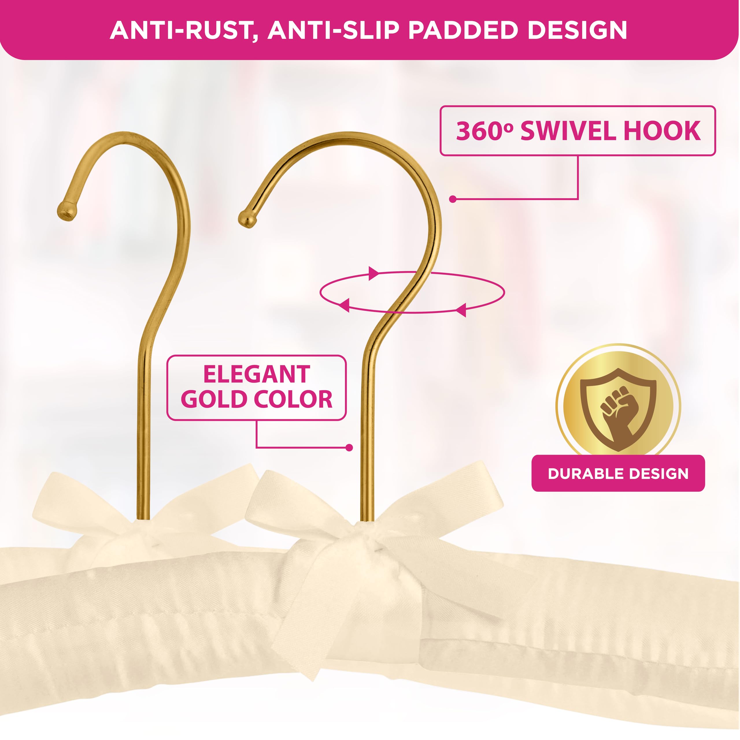 Florida Brands padded hanger with rotating gold hook detail for easy closet access.