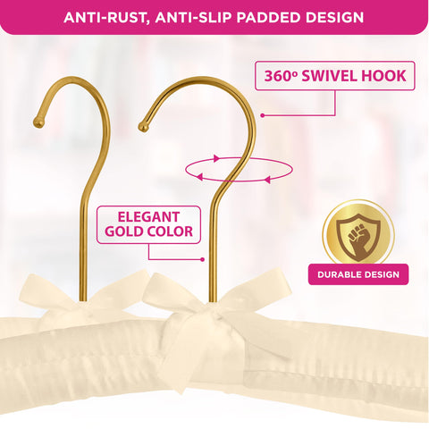 Florida Brands padded hanger with rotating gold hook detail for easy closet access.